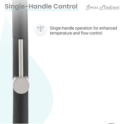 Single-handle pull-down kitchen faucet in brushed nickel and black, sleek cylindrical control handle.