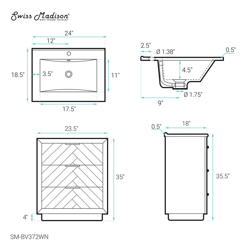 Daxton 24" Freestanding Bathroom Vanity in Brown Oak with Sink Top