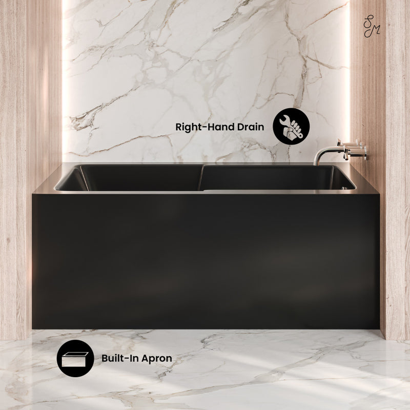 Voltaire 54 x 30 Skirted Right Drain Soaking Alcove Bathtub in Glossy Black with Integrated Armrest