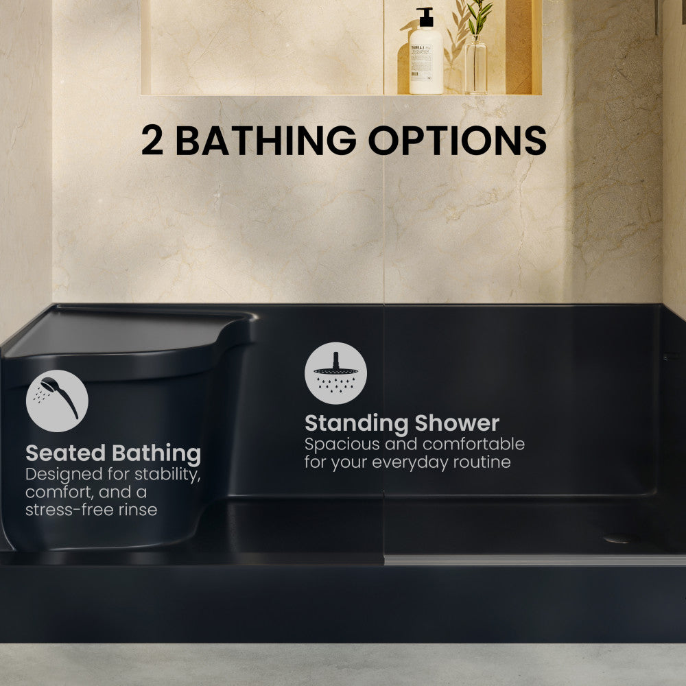 Aquatique 60" x 32" Right Drain, Shower Base in Matte Black
