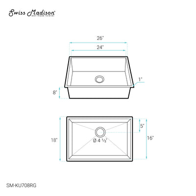 Tourner 26 x 18 Stainless Steel, Single Basin, Undermount Kitchen Sink, Rose Gold