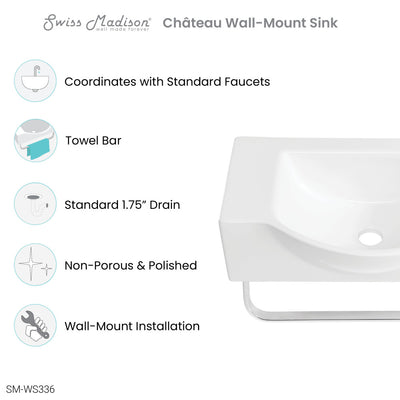 Chateau 21.5" Right Side Faucet Wall-Mount Bathroom Sink with Chrome Towel Bar