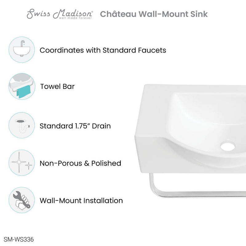 Chateau 21.5" Right Side Faucet Wall-Mount Bathroom Sink with Chrome Towel Bar