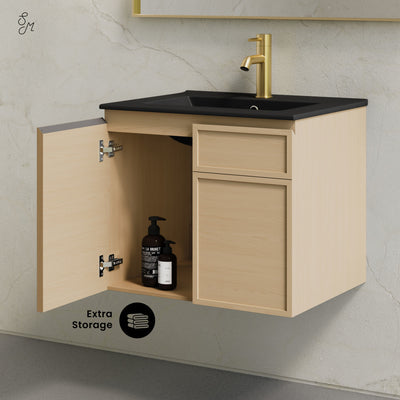St. Tropez 24" Wall-Mounted Bathroom Vanity in Natural Oak with Black Sink Top