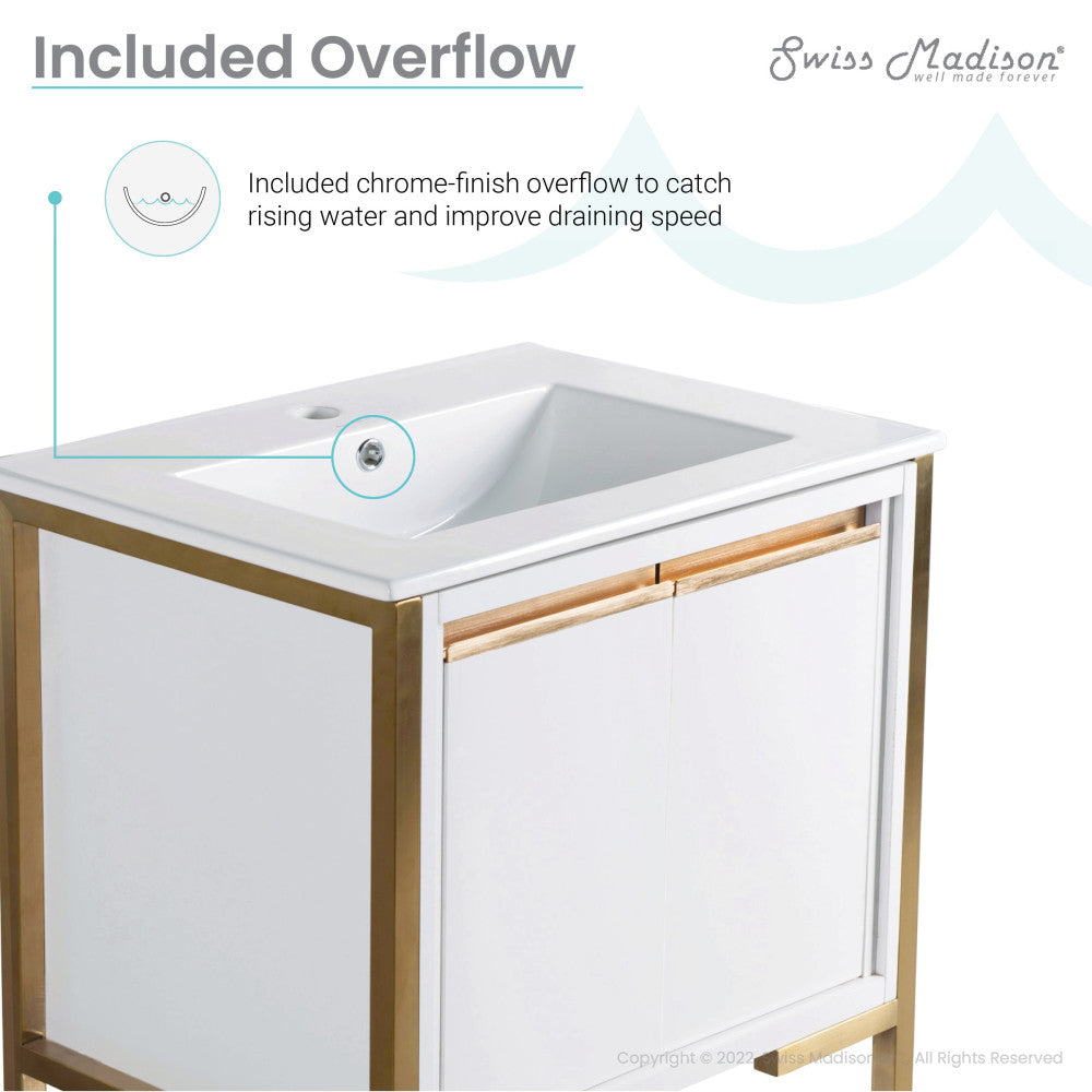 24-inch freestanding bathroom vanity in white with brushed gold frame, single sink, soft-close doors.
