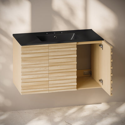 Cascade 36" Wall-Mounted Bathroom Vanity in Natural Oak with Black 3-Hole Widespread Sink Top