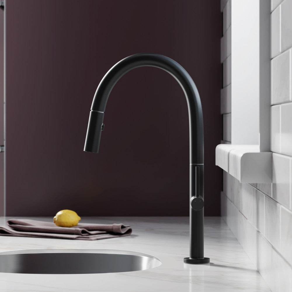 Single handle pull-down kitchen faucet in matte black, high-arc spout with spray head.