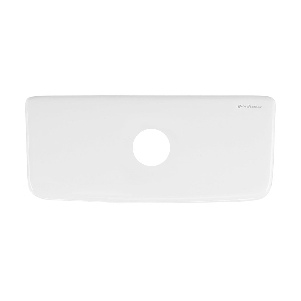 White dual flush toilet tank lid with center hole for flush button, rectangular shape.