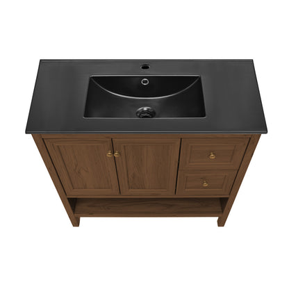 Chateau 36" Freestanding Bathroom Vanity in Brown Oak with Black Sink Top