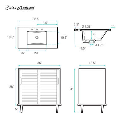 Delice 36" Freestanding Bathroom Vanity in Natural Oak with Black 3-Hole Widespread Sink Top