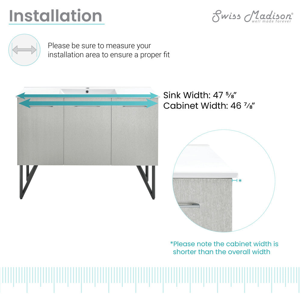 48-inch freestanding bathroom vanity in gray with single sink and soft-close doors.