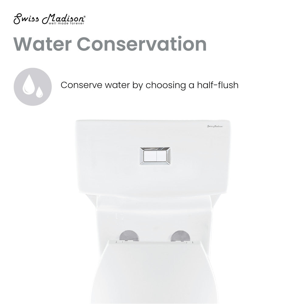 Elongated one-piece toilet in glossy white with dual top flush and skirted trapway.