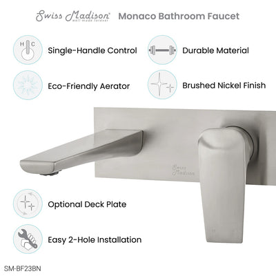 Monaco Single-Handle, Wall-Mount, Bathroom Faucet in Brushed Nickel