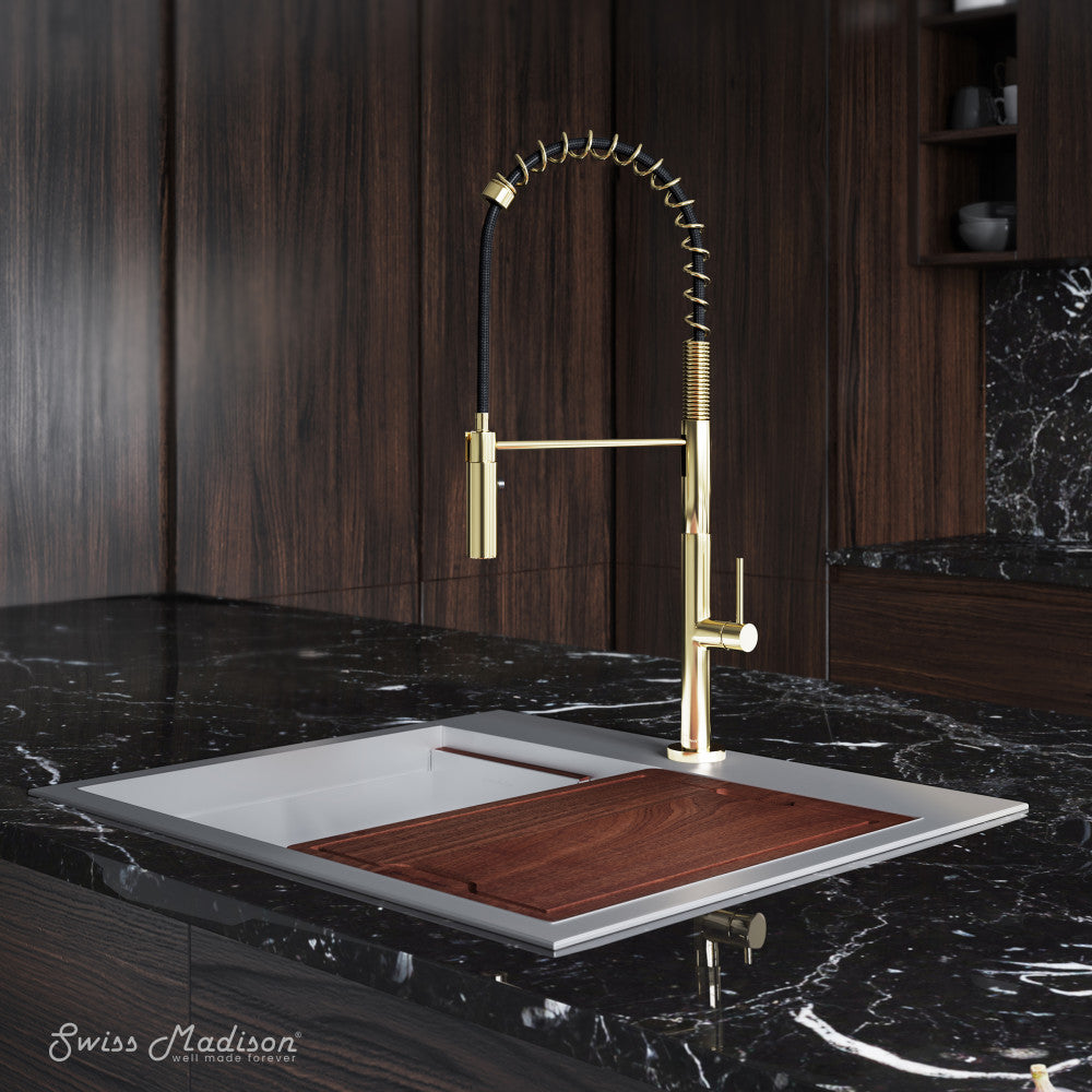 Pull-down kitchen faucet in brushed gold, single handle with a high-arc spring spout.