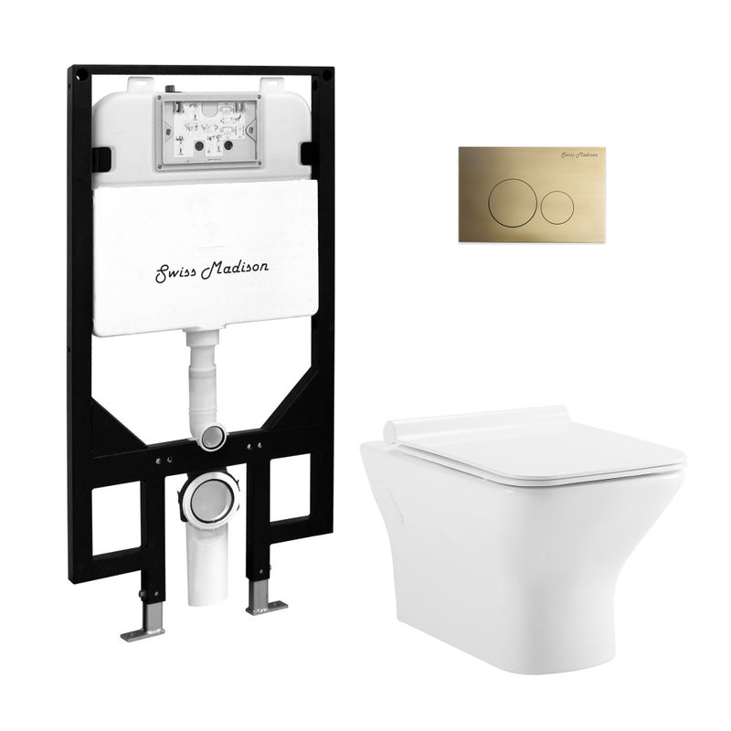 Carre Wall-Hung Toilet Bundle 0.8/1.6 GPF Dual Flush in Glossy White with Brass Flush Plate