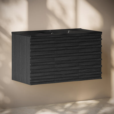 Cascade 36" Wall-Mounted Bathroom Vanity in Black Oak with Black Sink Top