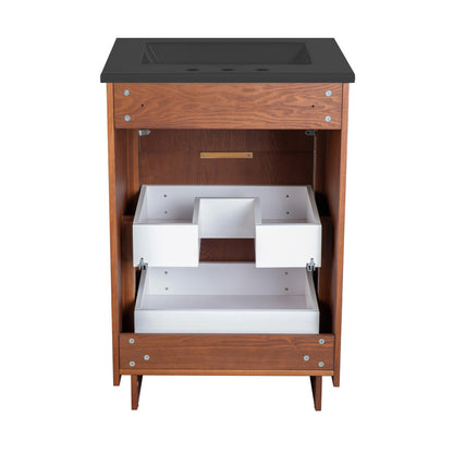 Daxton 24" Freestanding Bathroom Vanity in Brown Oak with Black 3-Hole Centerset Sink Top