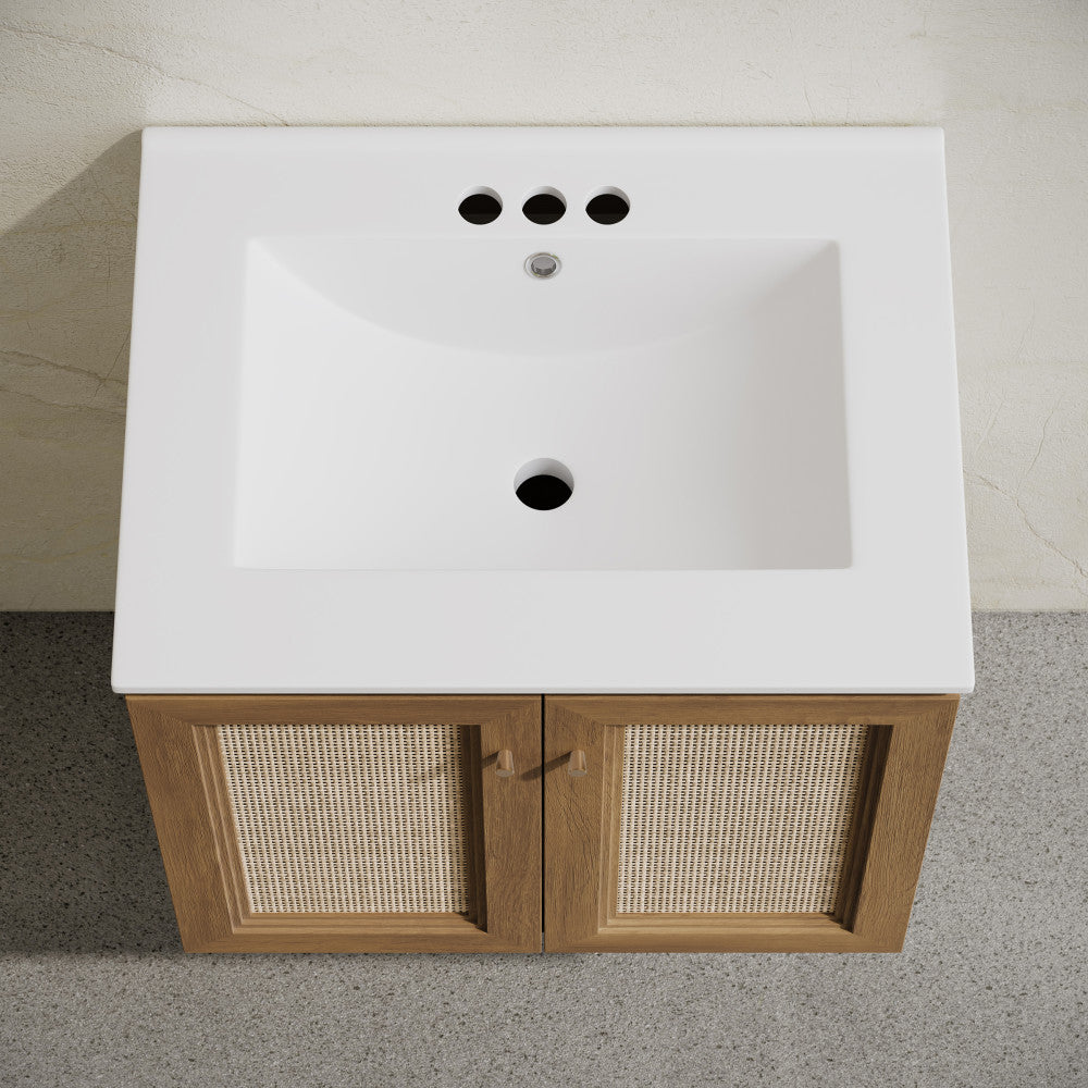 Classe 24" Wall-Mounted Bathroom Vanity in Brown Oak with Centerset Faucet Holes Vanity Top