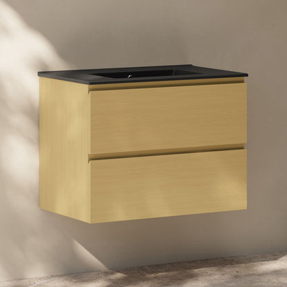 Liberte 30" Wall-Mounted Bathroom Vanity in Natural Oak with Black Sink Top