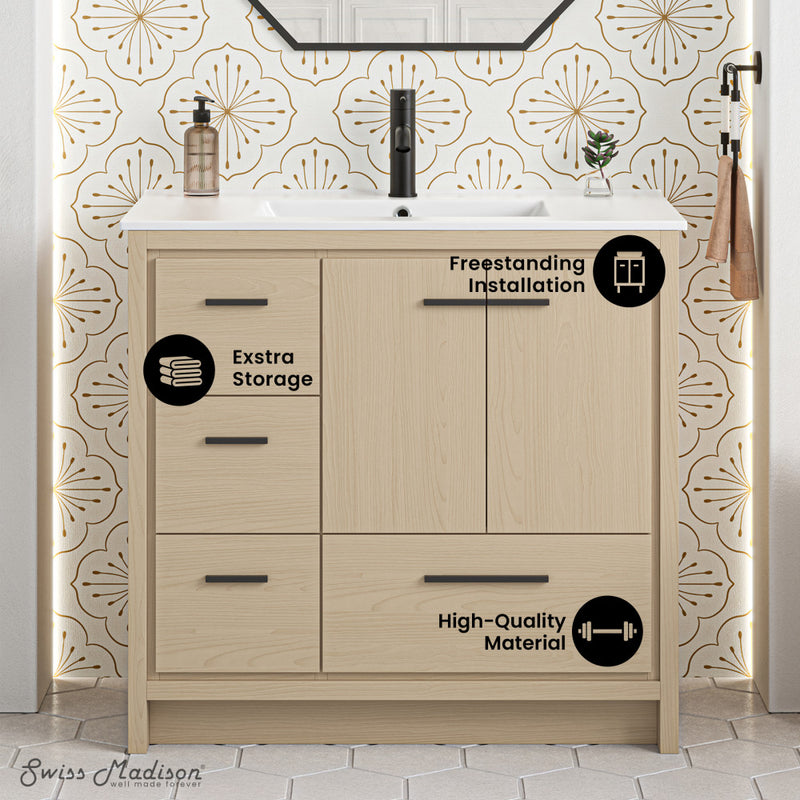 Virage 36" Freestanding Bathroom Vanity in Natural Oak with Sink Top