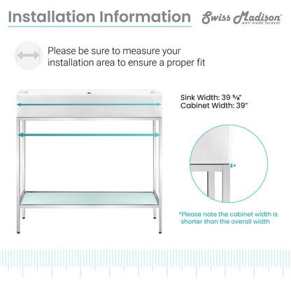 40-inch freestanding bathroom vanity with chrome metal frame and open lower shelf.