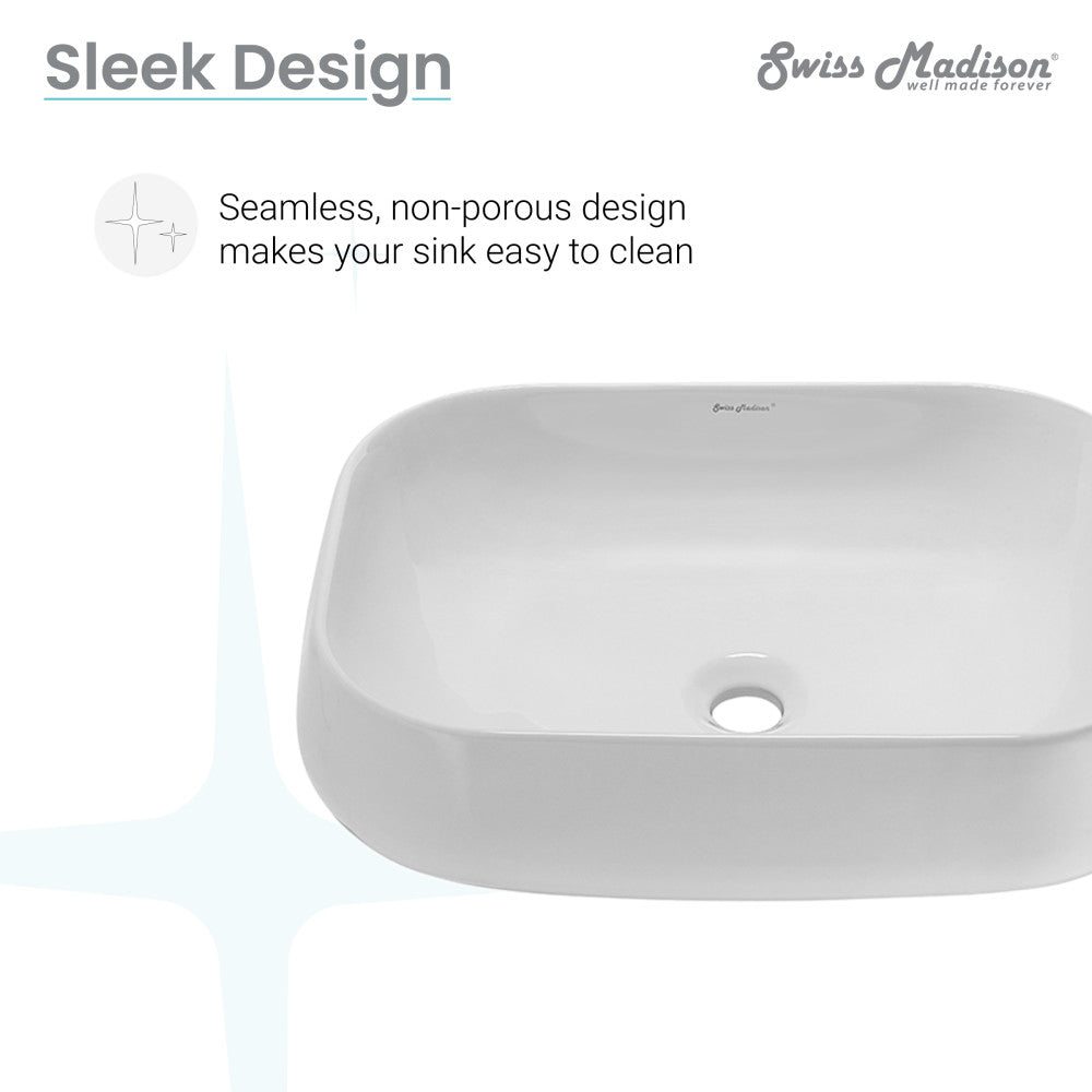 Square white ceramic vessel sink with seamless design and center drain.