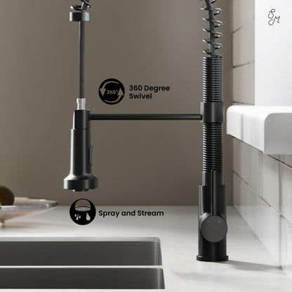 Pull-down kitchen faucet in matte black, single handle, flexible spring neck, 360-degree swivel.