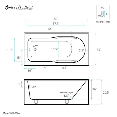 Concorde 60" x 30" Left-Hand Drain Alcove Bathtub with Apron and Armrest