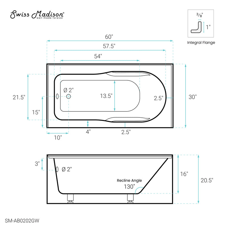 Concorde 60" x 30" Left-Hand Drain Alcove Bathtub with Apron and Armrest