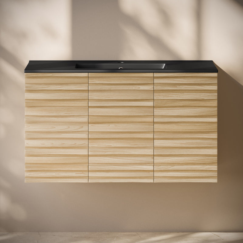 Cascade 36" Wall-Mounted Bathroom Vanity in Natural Oak with Black Sink Top