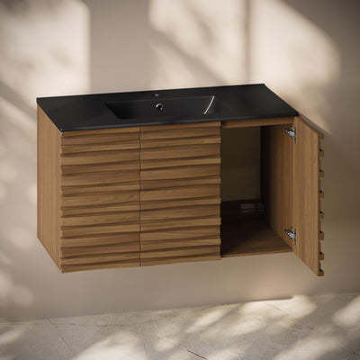 Cascade 36" Wall-Mounted Bathroom Vanity in Brown Oak with Black Sink Top