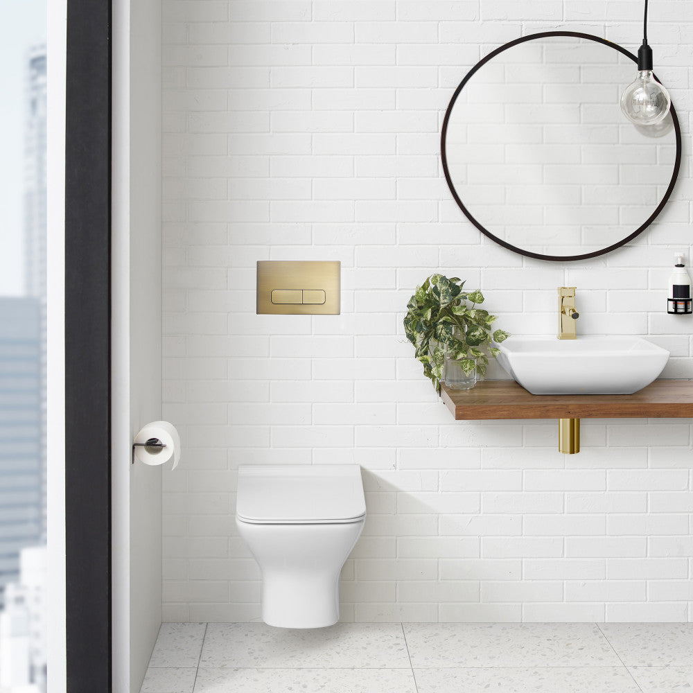 Carre Wall Mount Dual Flush Actuator Plate with Rectangle Push Buttons in Brushed Brass