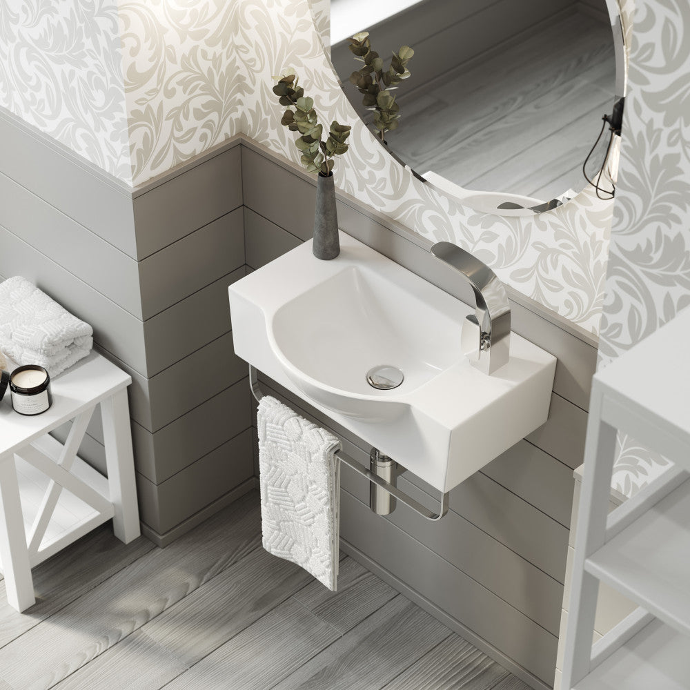 21.5" wall-mount bathroom sink with right side faucet and chrome towel bar, rectangular design.