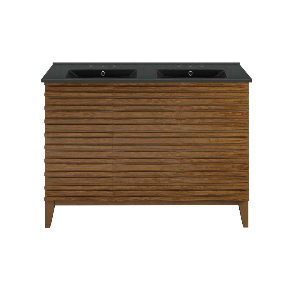 Cascade 48 in. Brown Oak, Double Basin Bathroom Vanity With Black, 3-Hole Centerset Ceramic Sink Top