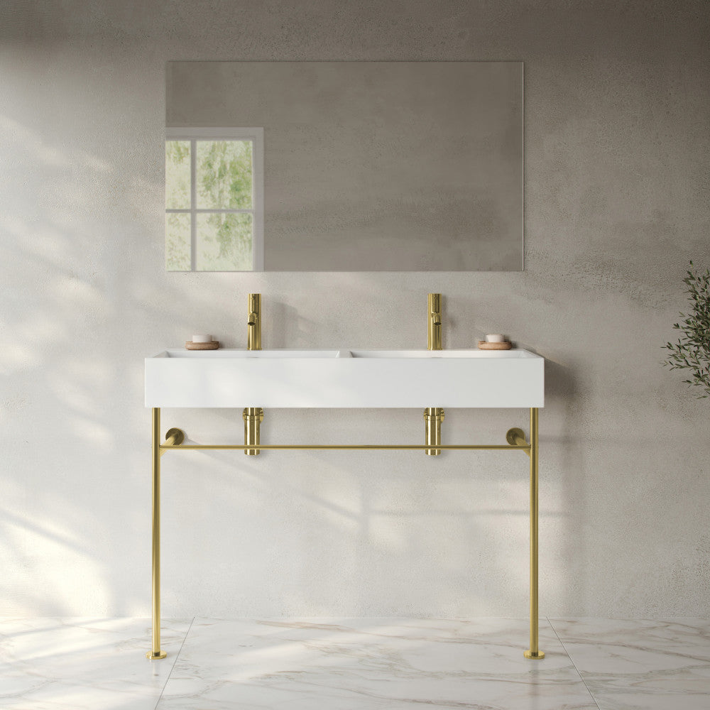 Claire 48" Double Basin Console Sink with Glossy Gold Legs