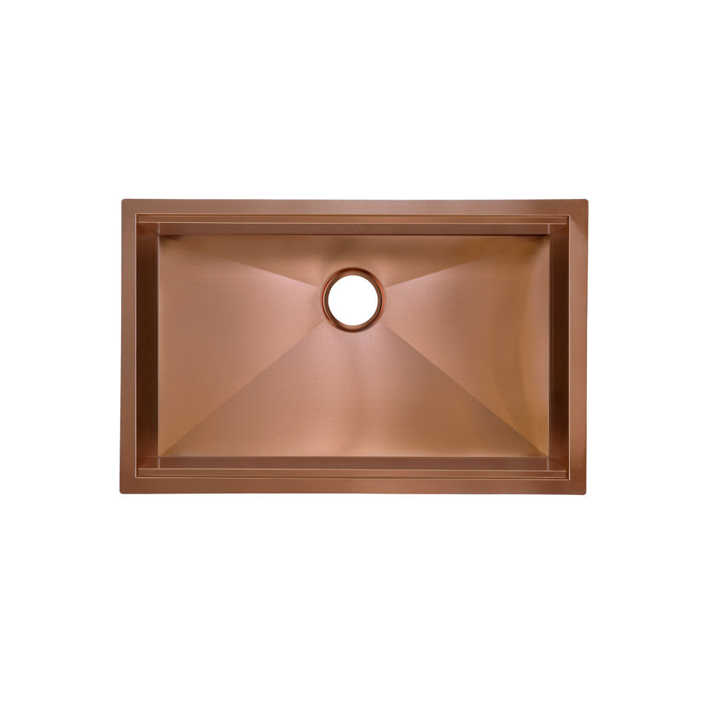 30 x 19 inch stainless steel undermount single basin kitchen sink in rose gold finish.