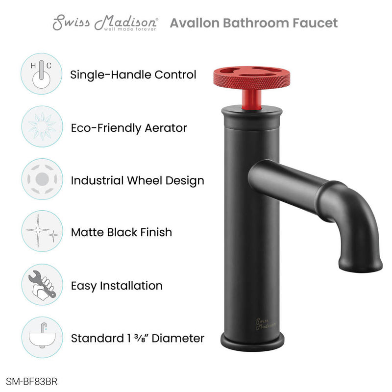 Avallon Single Hole, Single-Handle, Bathroom Faucet in Matte Black with Red Handle