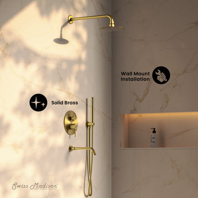 Ivy 1.8 GPM Wall Mount Fixed Shower Head with Hand Sprayer and Tub Filler in Brushed Gold, Valve Included