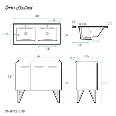 Annecy 48 in. Black Walnut, Double Basin Bathroom Vanity With Black Ceramic Sink Top