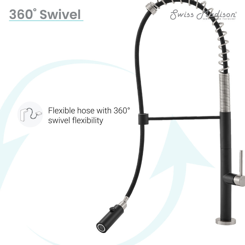Pull-down kitchen faucet in brushed nickel and black, single handle, flexible hose with 360° swivel.