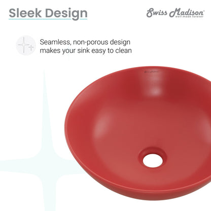 Round vessel ceramic sink in matte red with seamless, non-porous design for easy cleaning.