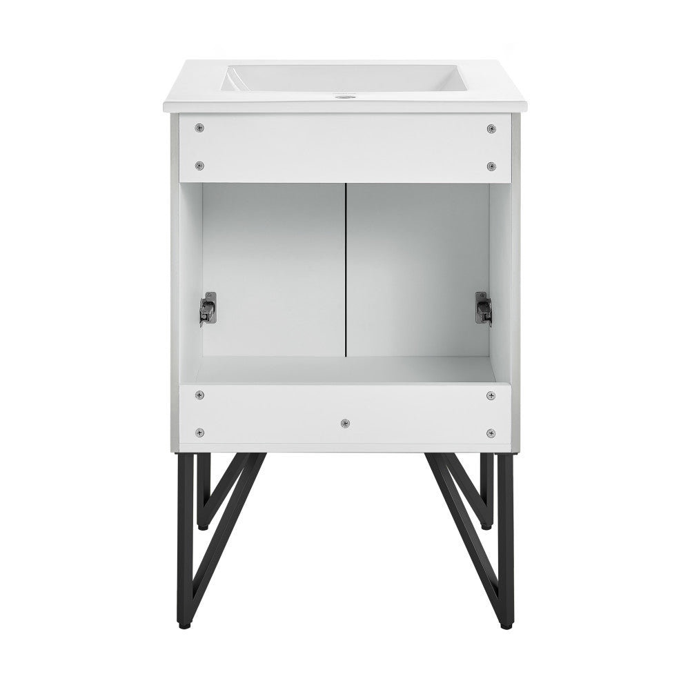 24-inch freestanding gray bathroom vanity with single sink and open cabinet doors.