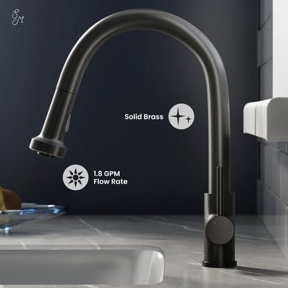 Pull-down kitchen faucet in matte black, single handle, high-arc spout, solid brass construction.