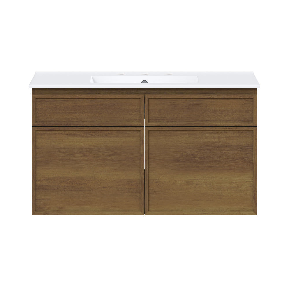 St. Tropez 36" Wall-Mounted Bathroom Vanity in Brown Oak with 3-Hole Widespread Sink Top