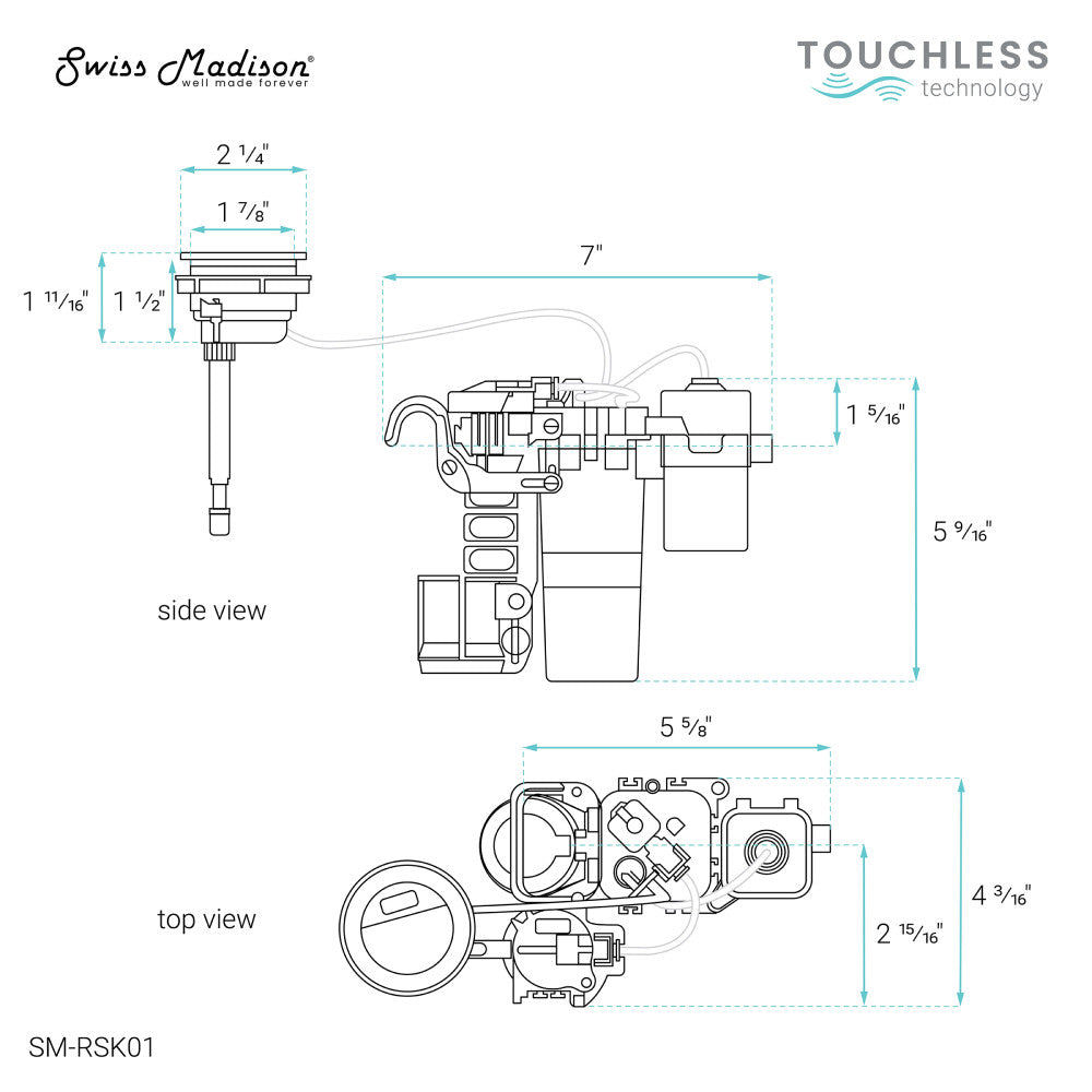 Touchless retrofit kit in white, electric accessory with detailed technical dimensions.