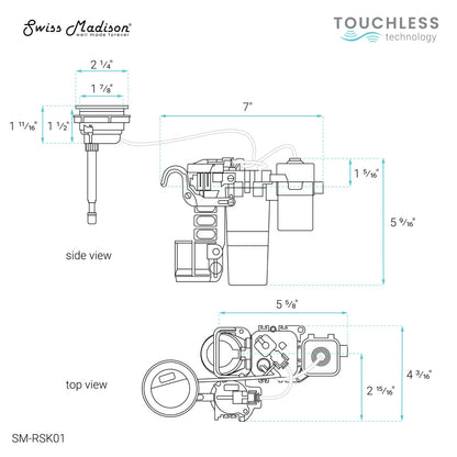 Touchless retrofit kit in white, electric accessory with detailed technical dimensions.