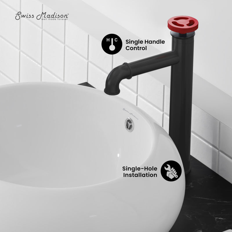 Avallon Single Hole, Single-Handle Wheel, High Arc Bathroom Faucet in Matte Black with Red Handles