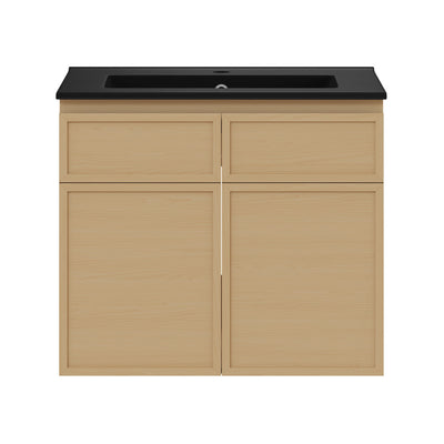 St. Tropez 24" Wall-Mounted Bathroom Vanity in Natural Oak with Black Sink Top