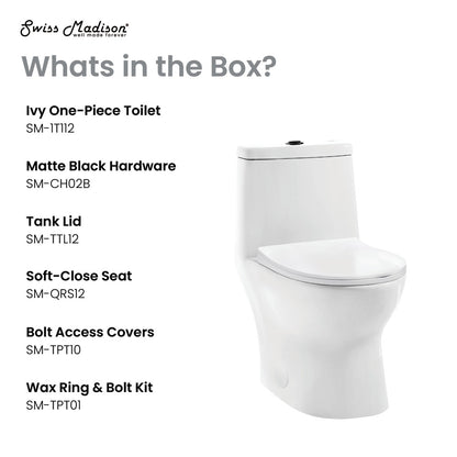 Elongated one-piece toilet with dual vortex flush and matte black hardware, soft-close seat.