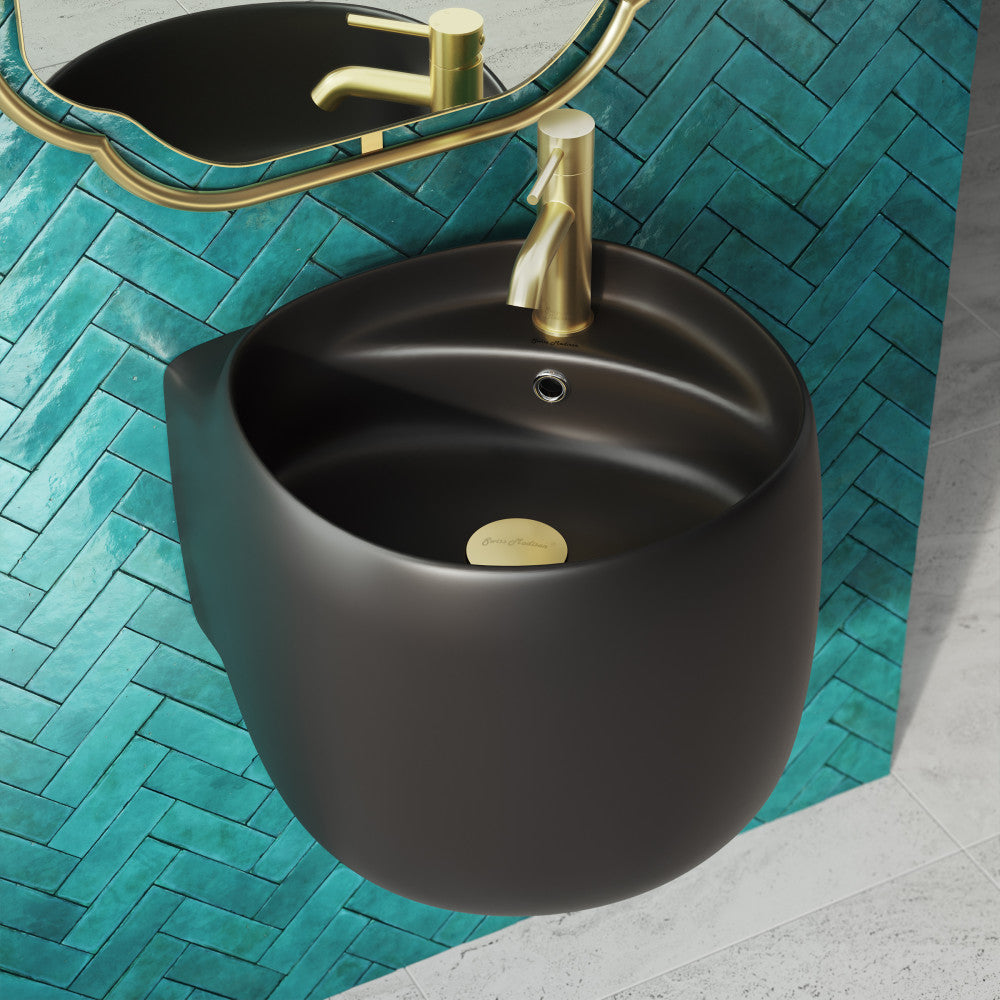 Wall-mount bathroom sink in matte black, compact design with single faucet hole and rounded basin.